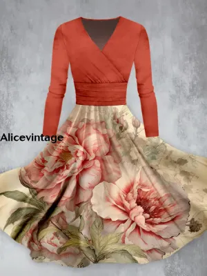 Elegant Retro Floral Print V-Neck Long Sleeve Midi Dress