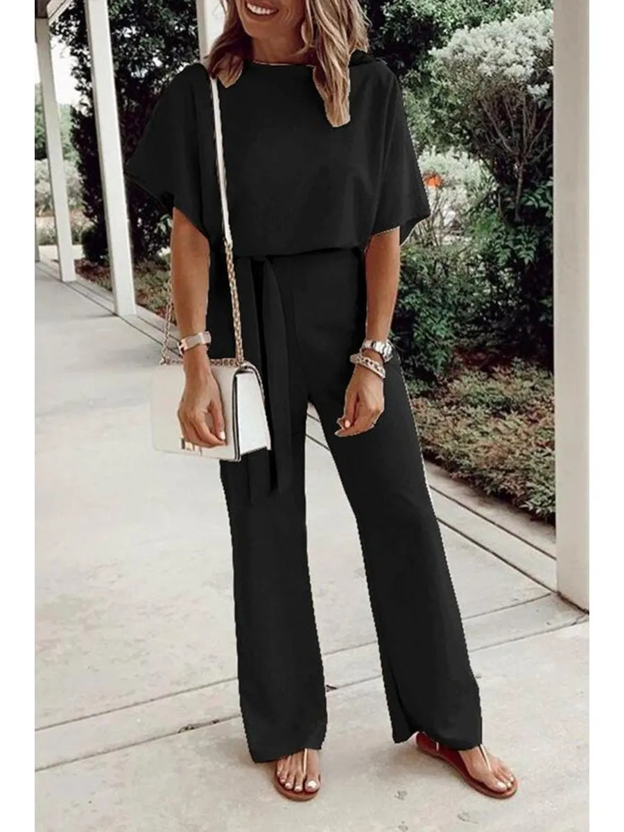 Elegant Solid Color Lace Up Bat Sleeve Jumpsuit