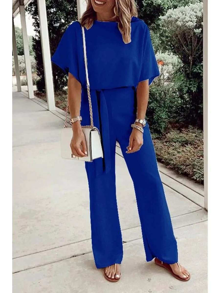 Elegant Solid Color Lace Up Bat Sleeve Jumpsuit