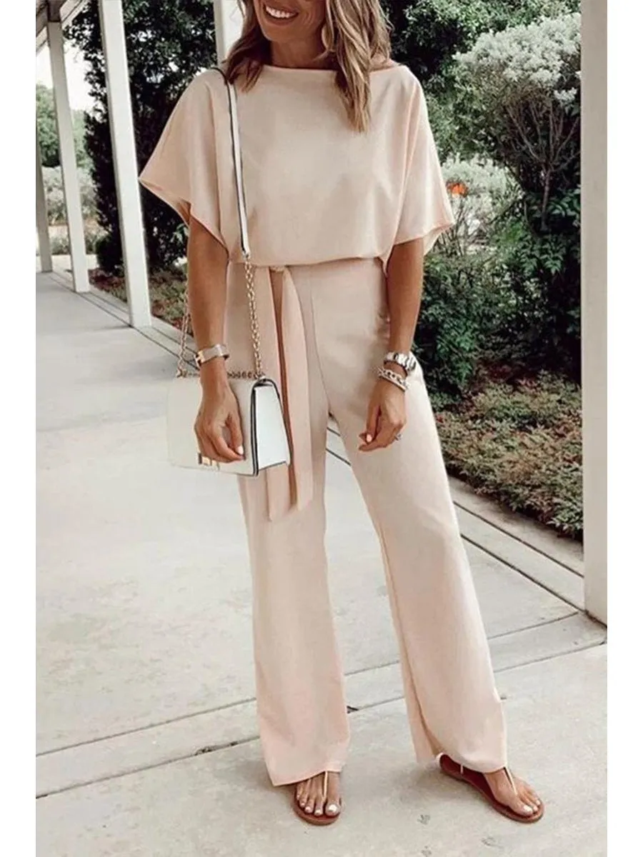 Elegant Solid Color Lace Up Bat Sleeve Jumpsuit