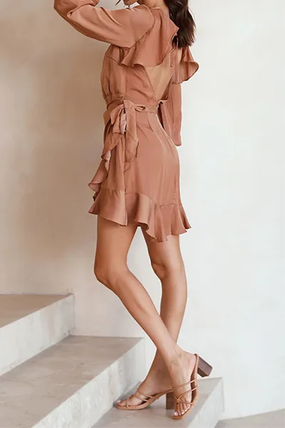 Elegant Solid Patchwork Backless Flounce O Neck Waist Skirt Dresses