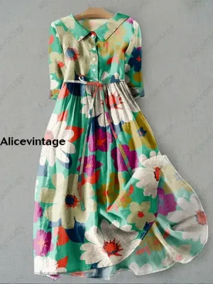 Elegant Spring Flowers Printed Crew-Neck Button Short Sleeve Loose Midi Dress