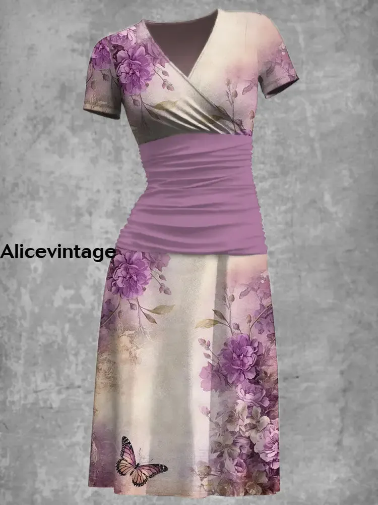 Elegant Vintage Purple Flowers Printed V-Neck Short Sleeve Fashion Midi Dress