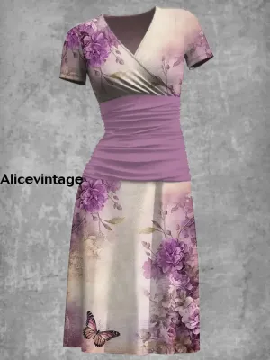 Elegant Vintage Purple Flowers Printed V-Neck Short Sleeve Fashion Midi Dress