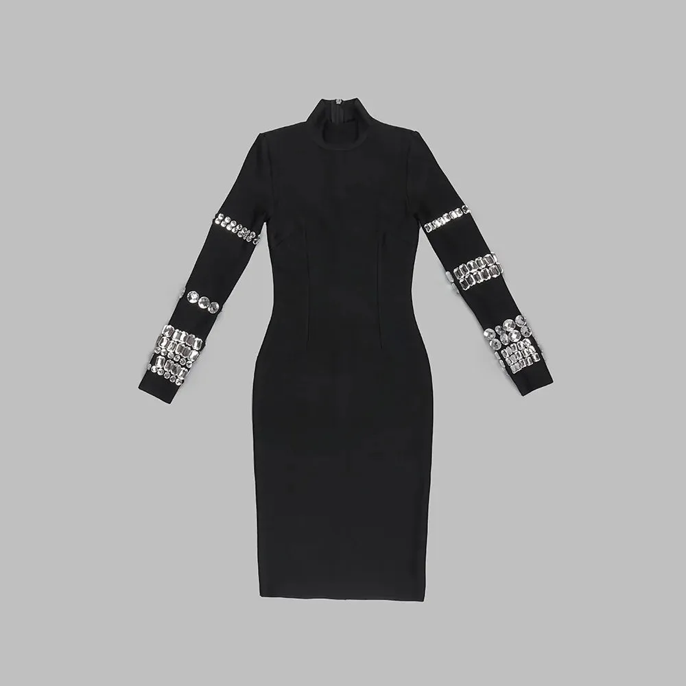 Elegant Women's Luxury Long Sleeve Dress Diamonds Sexy Black Bandage Dress Evening Party Prom Dress