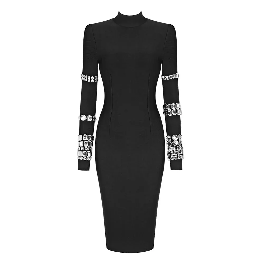 Elegant Women's Luxury Long Sleeve Dress Diamonds Sexy Black Bandage Dress Evening Party Prom Dress