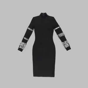 Elegant Women's Luxury Long Sleeve Dress Diamonds Sexy Black Bandage Dress Evening Party Prom Dress