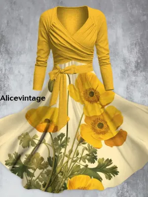 Elegant Yellow Flower Print V-Neck Long Sleeve Straps Midi Dress