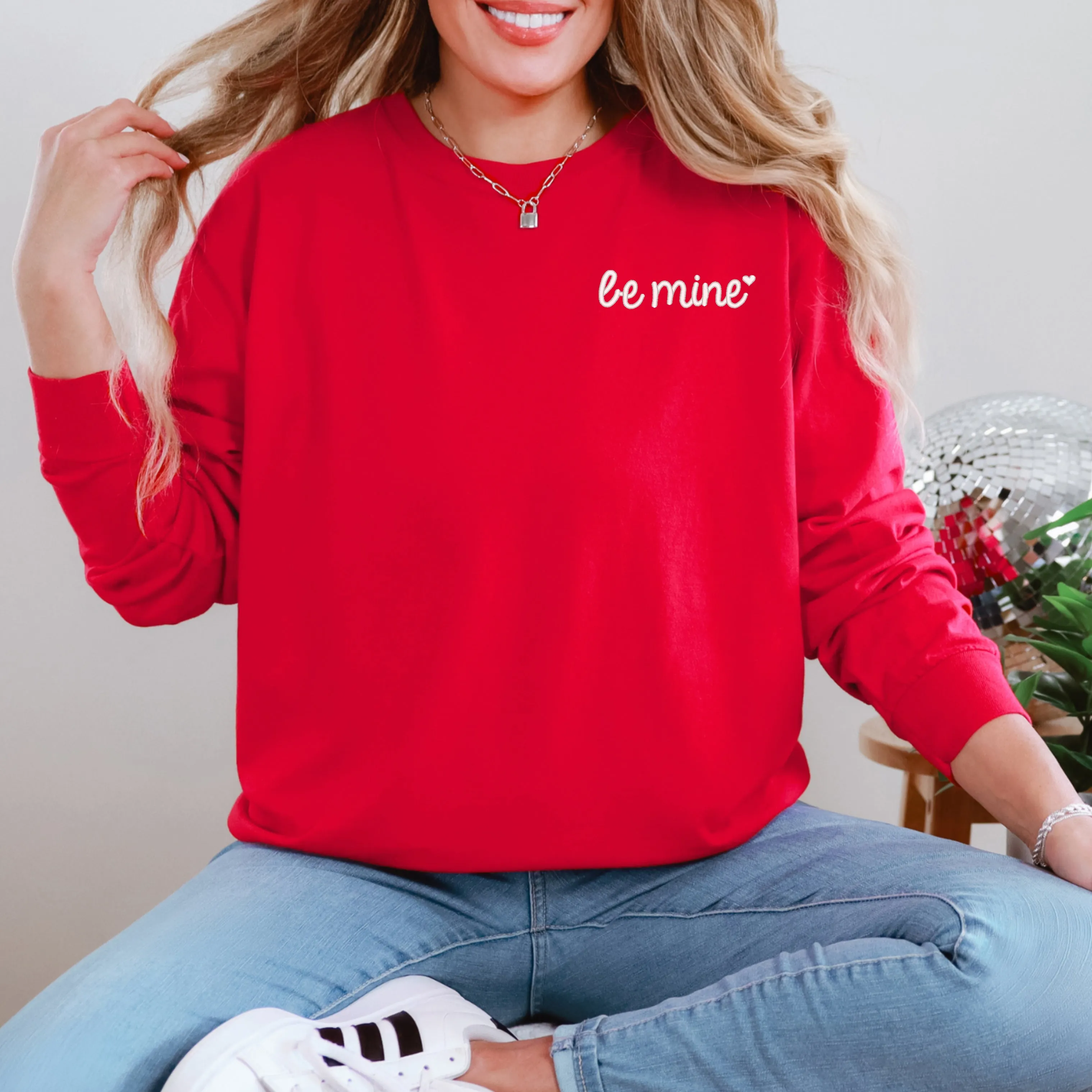 Embroidered Be Mine Heart | Garment Dyed Long Sleeve