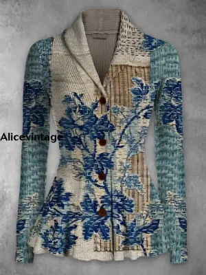 Ethnic Art Print Vintage Elegant Lapel V-Neck Button Up Long Sleeve Top