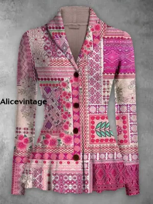Ethnic Art Print Vintage Elegant Lapel V-Neck Button Up Long Sleeve Top