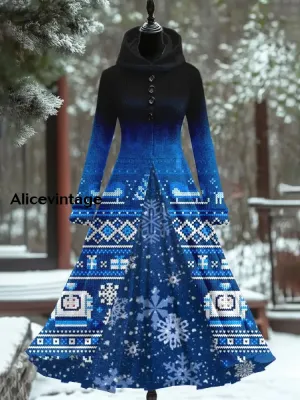 Ethnic Snowflake Art Print Vintage Elegant Long Sleeve Fake Two Piece Hooded Dress