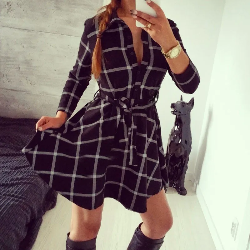 Explosions Leisure Vintage Dresses Autumn Fall Women Plaid Check Print Spring Casual Shirt Dress Mini Q0035