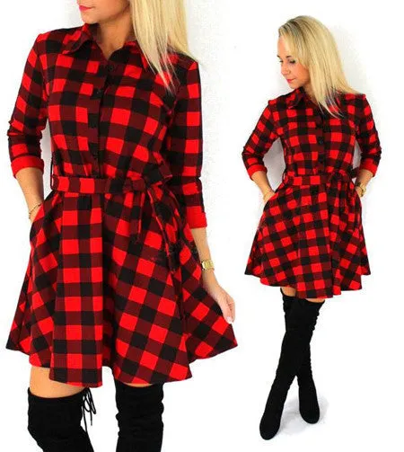 Explosions Leisure Vintage Dresses Autumn Fall Women Plaid Check Print Spring Casual Shirt Dress Mini Q0035