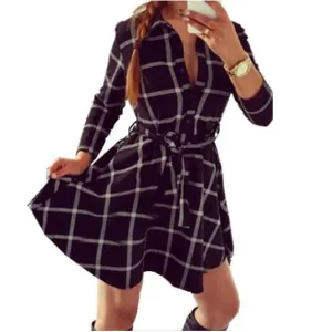 Explosions Leisure Vintage Dresses Autumn Fall Women Plaid Check Print Spring Casual Shirt Dress Mini Q0035