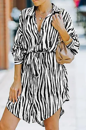Fashion Casual Striped Buckle With Belt Turndown Collar Shirt Dress Dresses