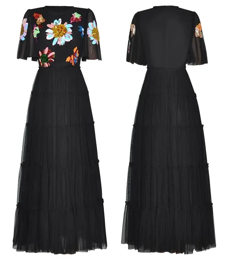Fatima O-Neck Flare Sleeve Sequins Embroidery Elegant Party Dress
