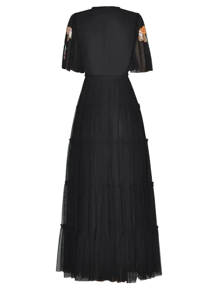 Fatima O-Neck Flare Sleeve Sequins Embroidery Elegant Party Dress