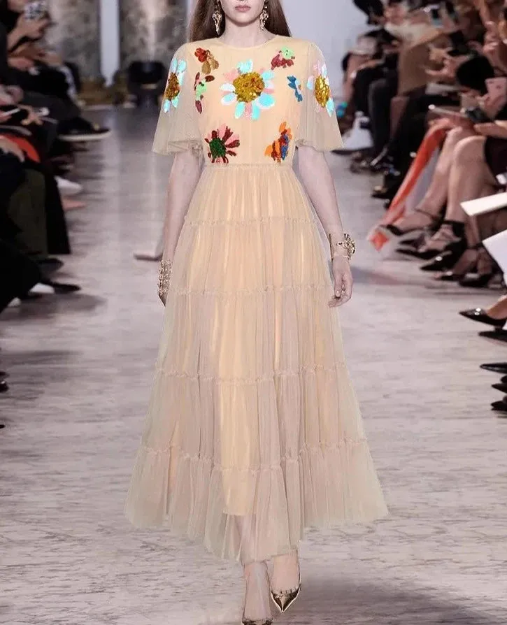 Fatima O-Neck Flare Sleeve Sequins Embroidery Elegant Party Dress