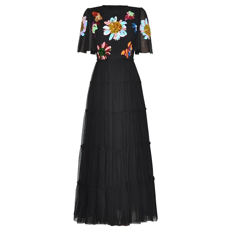 Fatima O-Neck Flare Sleeve Sequins Embroidery Elegant Party Dress