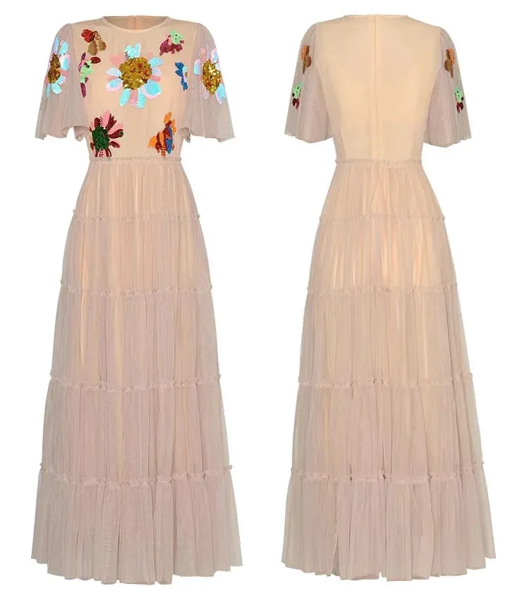 Fatima O-Neck Flare Sleeve Sequins Embroidery Elegant Party Dress