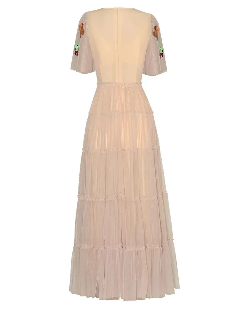 Fatima O-Neck Flare Sleeve Sequins Embroidery Elegant Party Dress