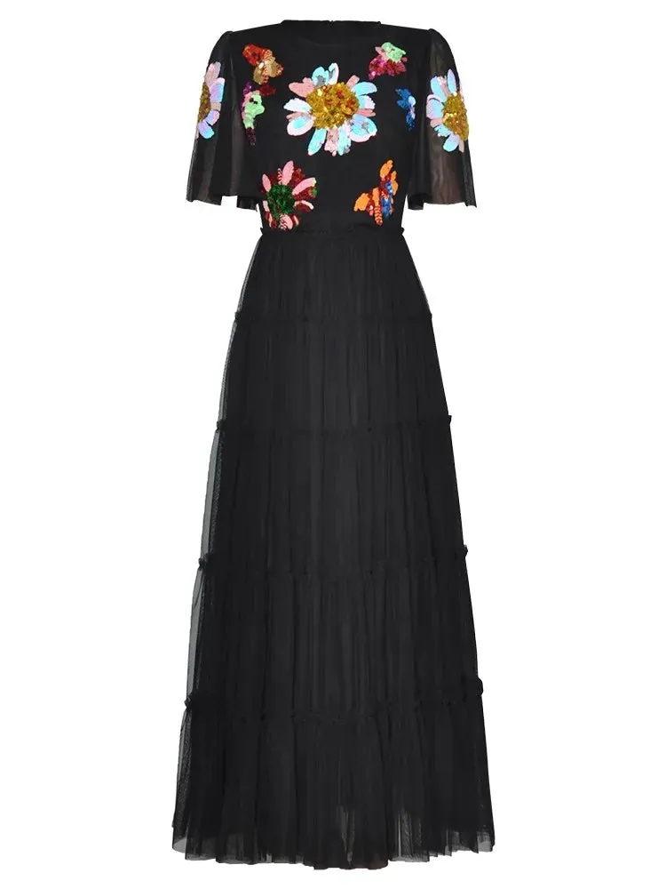 Fatima O-Neck Flare Sleeve Sequins Embroidery Elegant Party Dress