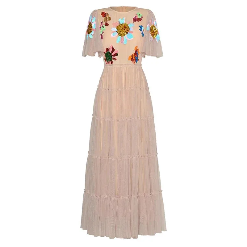 Fatima O-Neck Flare Sleeve Sequins Embroidery Elegant Party Dress