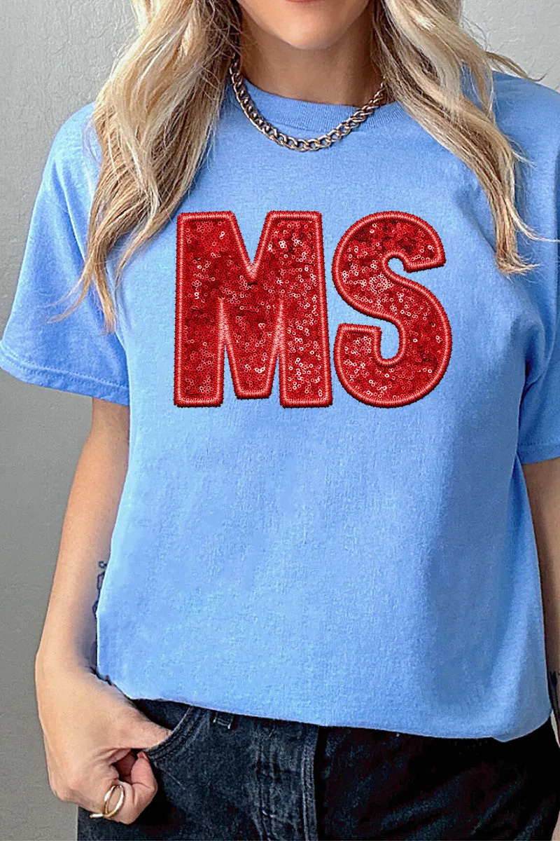Faux Sequin Red MS Transfer Short Sleeve Relaxed Fit T-Shirt
