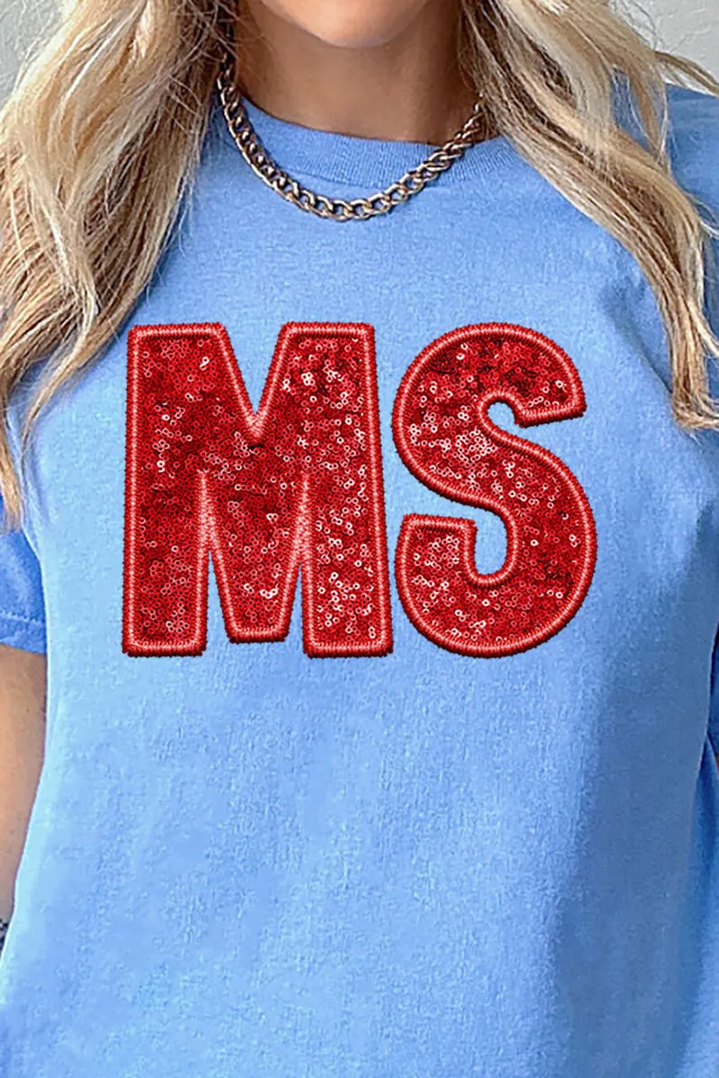 Faux Sequin Red MS Transfer Short Sleeve Relaxed Fit T-Shirt