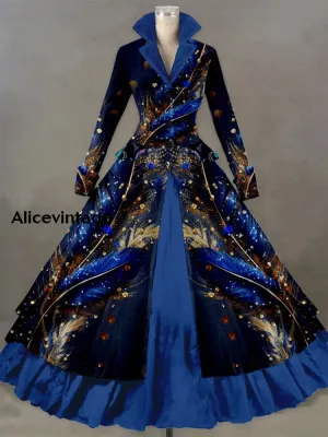 Feather Art Print Vintage Elegant Lapel V-Neck Long Sleeve Maxi Dress