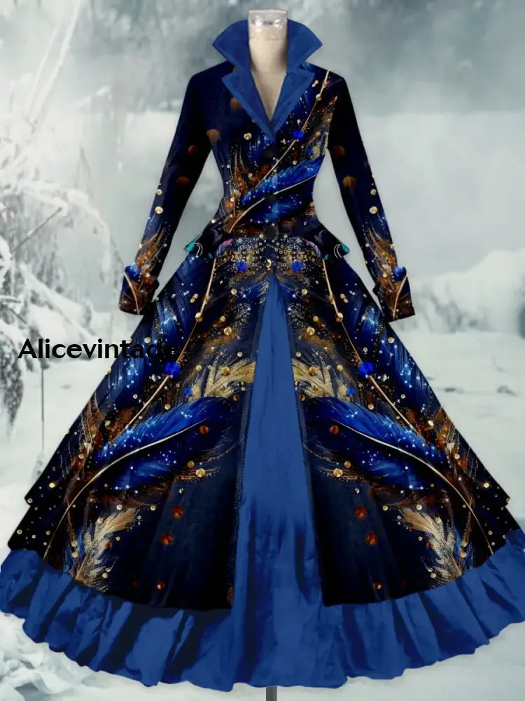 Feather Art Print Vintage Elegant Lapel V-Neck Long Sleeve Maxi Dress