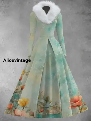 Floral Art Print Retro Elegant Long Sleeve Fake Two-Piece Midi Dress