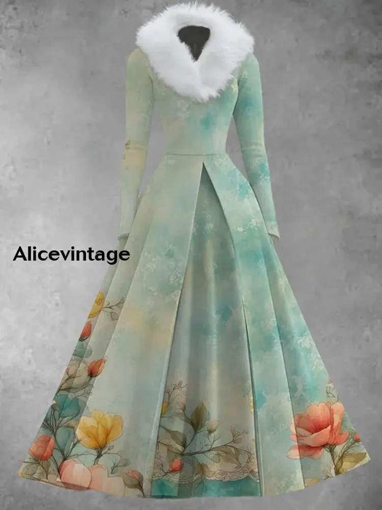 Floral Art Print Retro Elegant Long Sleeve Fake Two-Piece Midi Dress