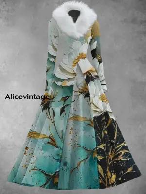 Floral Art Print Retro Elegant Long Sleeve Fake Two-Piece Midi Dress