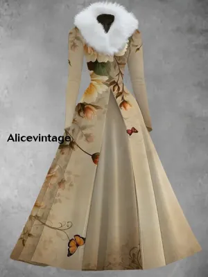 Floral Art Print Retro Elegant Long Sleeve Fake Two-Piece Midi Dress