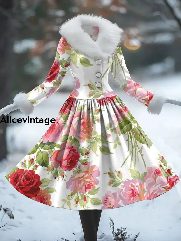 Floral Art Print Vintage Elegant Fur Collar Long Sleeve Midi Dress