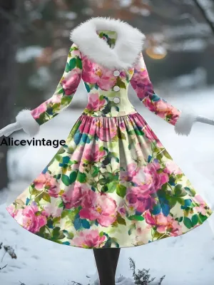Floral Art Print Vintage Elegant Fur Collar Long Sleeve Midi Dress
