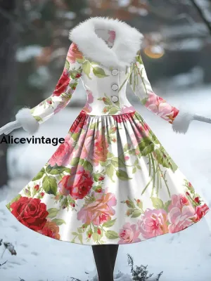 Floral Art Print Vintage Elegant Fur Collar Long Sleeve Midi Dress