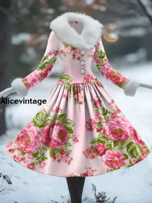 Floral Art Print Vintage Elegant Fur Collar Long Sleeve Midi Dress