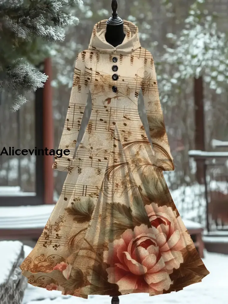 Floral Art Print Vintage Elegant Long Sleeve Maxi Dress Fake Two Piece Dress