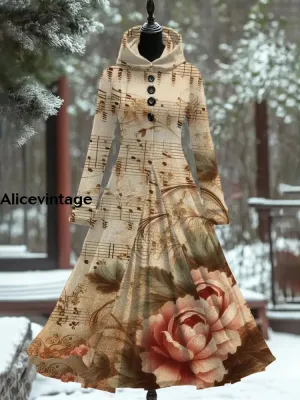 Floral Art Print Vintage Elegant Long Sleeve Maxi Dress Fake Two Piece Dress