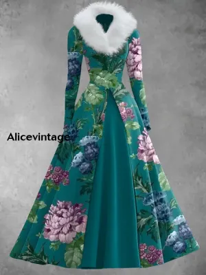 Floral Art Print Vintage Elegant V-Neck Fur Collar Long Sleeve Fake Two-Piece Dress