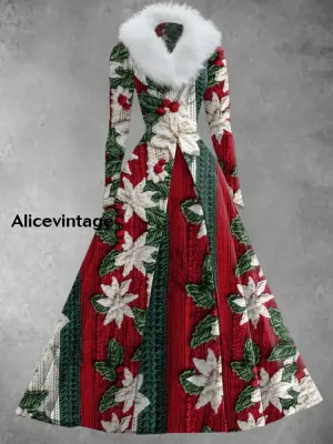Floral Art Print Vintage Elegant V-Neck Fur Collar Long Sleeve Midi Dress