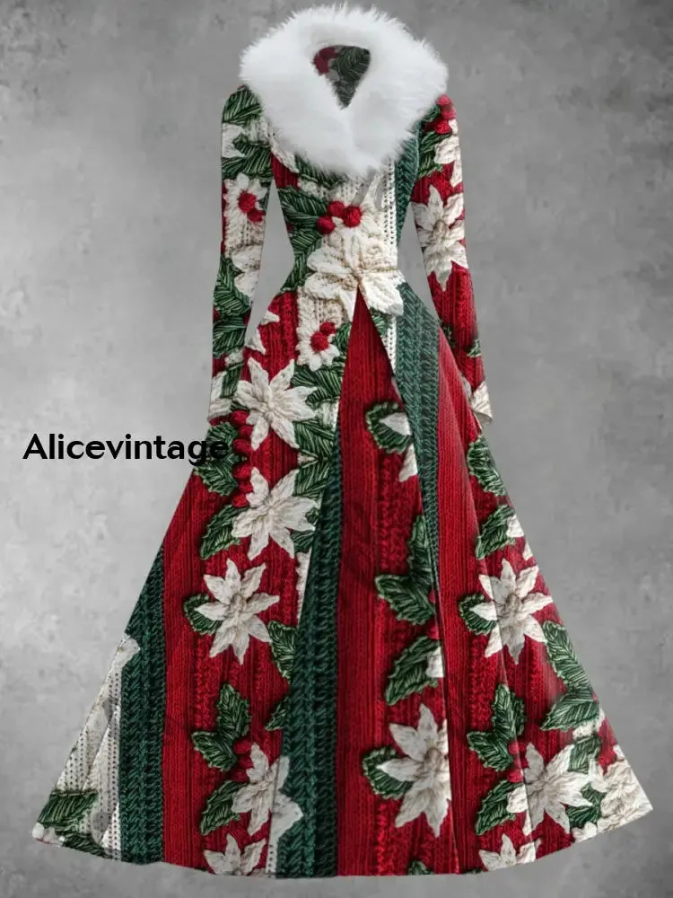 Floral Art Print Vintage Elegant V-Neck Fur Collar Long Sleeve Midi Dress