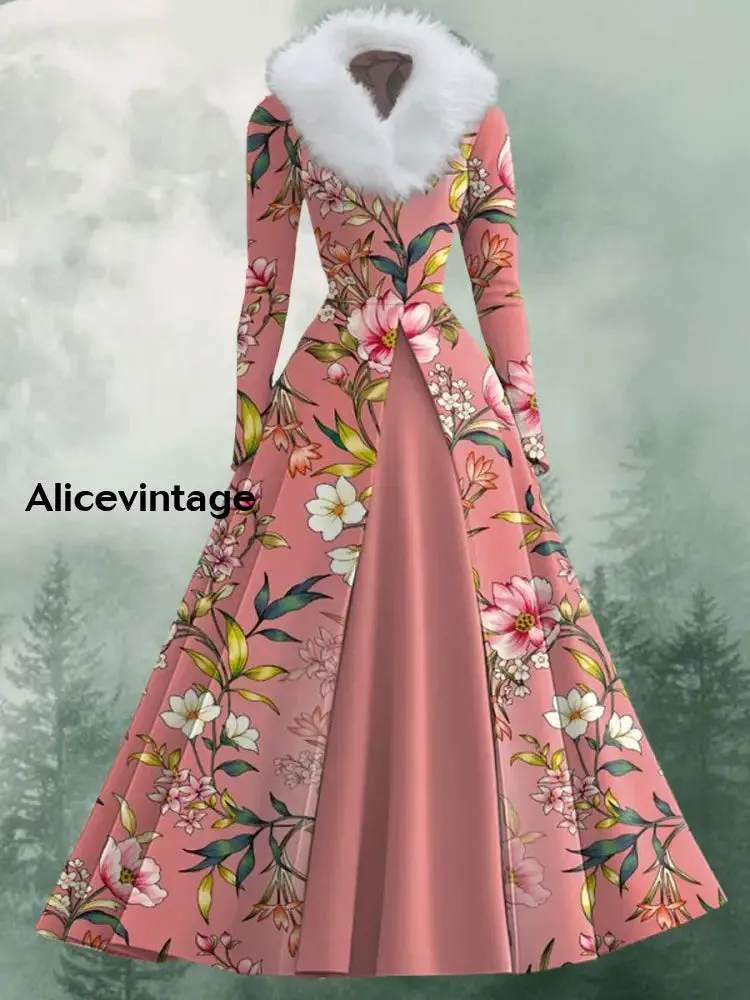 Floral Art Print Vintage Elegant V-Neck Fur Collar Long Sleeve Midi Dress