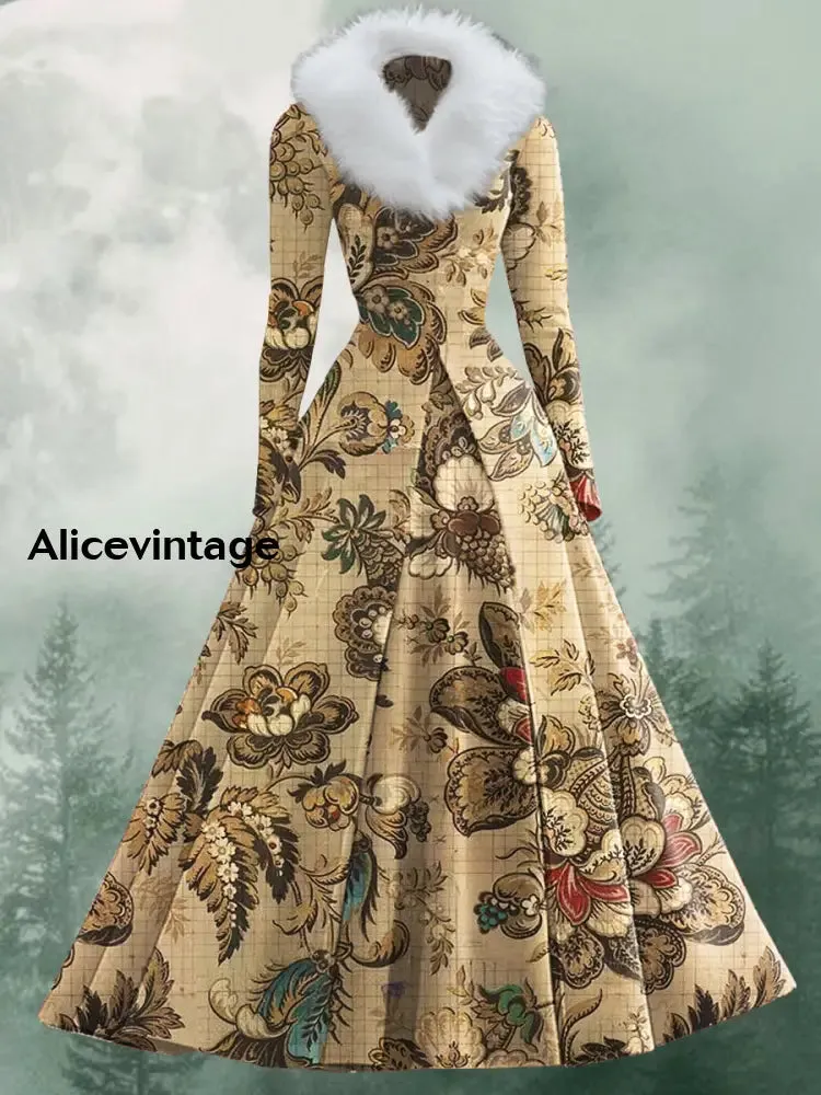 Floral Art Print Vintage Elegant V-Neck Fur Collar Long Sleeve Midi Dress