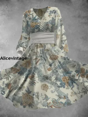 Floral Art Print Vintage Elegant V-Neck Long Sleeve Midi Dress