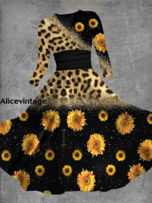 Floral Print V-Neck Vintage Elegant Long Sleeve Midi Dress