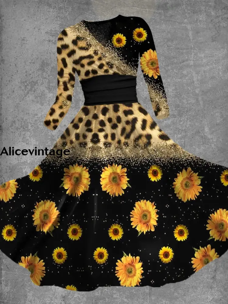 Floral Print V-Neck Vintage Elegant Long Sleeve Midi Dress